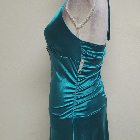 Deadstock Vintage Charlotte Russe Teal Satin Brooch Shark Bite Hem Halter Dress - Picture 8 of 14